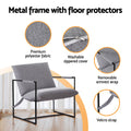 Grey sling chair features: polyester fabric close-up, washable zip cover, removable armrest wrap and velcro strap callouts