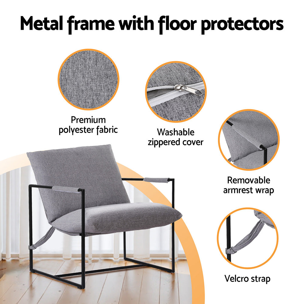 Grey sling chair features: polyester fabric close-up, washable zip cover, removable armrest wrap and velcro strap callouts