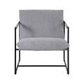 Grey fabric sling armchair with black square metal frame, front view on white background, oversized seat and back cushions