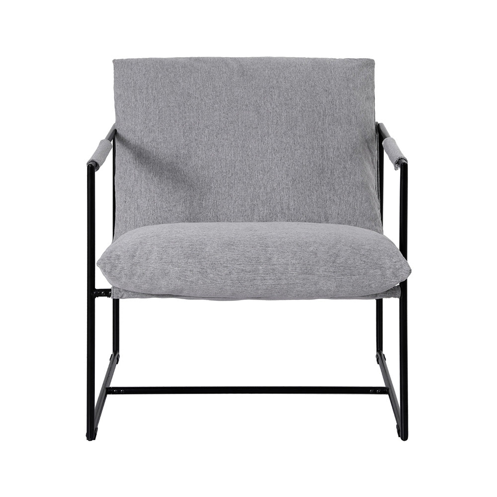 Grey fabric sling armchair with black square metal frame, front view on white background, oversized seat and back cushions