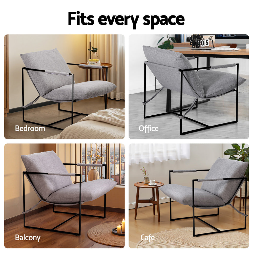 Grey sling chair in four settings: bedroom, office, balcony with city view, and cafe with side table, "Fits every space" text