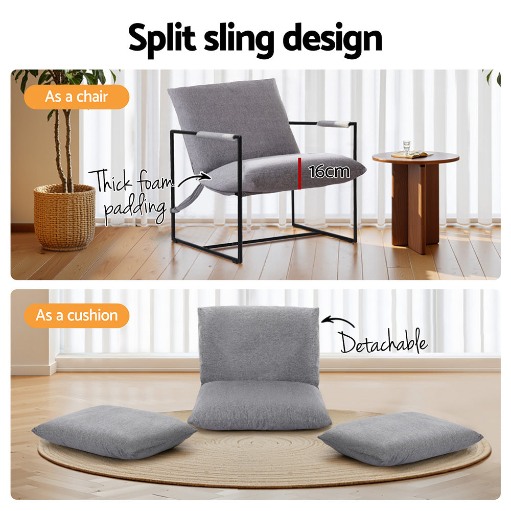 Grey sling chair two-panel: chair in room with 16cm foam padding callout; detachable cushions shown on floor below