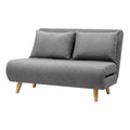 Grey fabric 2-seater sofa bed in sofa mode with two cushions and natural wood legs on white background
