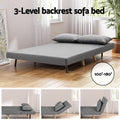 Grey fabric sofa bed feature infographic showing 3-level backrest recline from 100 to 180 degrees and flat bed mode