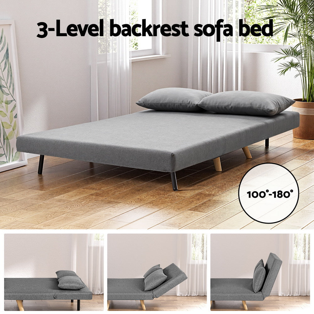 Grey fabric sofa bed feature infographic showing 3-level backrest recline from 100 to 180 degrees and flat bed mode