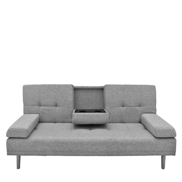 Front view of grey fabric sofa bed with fold-down centre cup holder section, square arms and grey legs