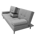 Grey fabric sofa bed at angle with fold-down centre cup holder tray open showing two receptacles