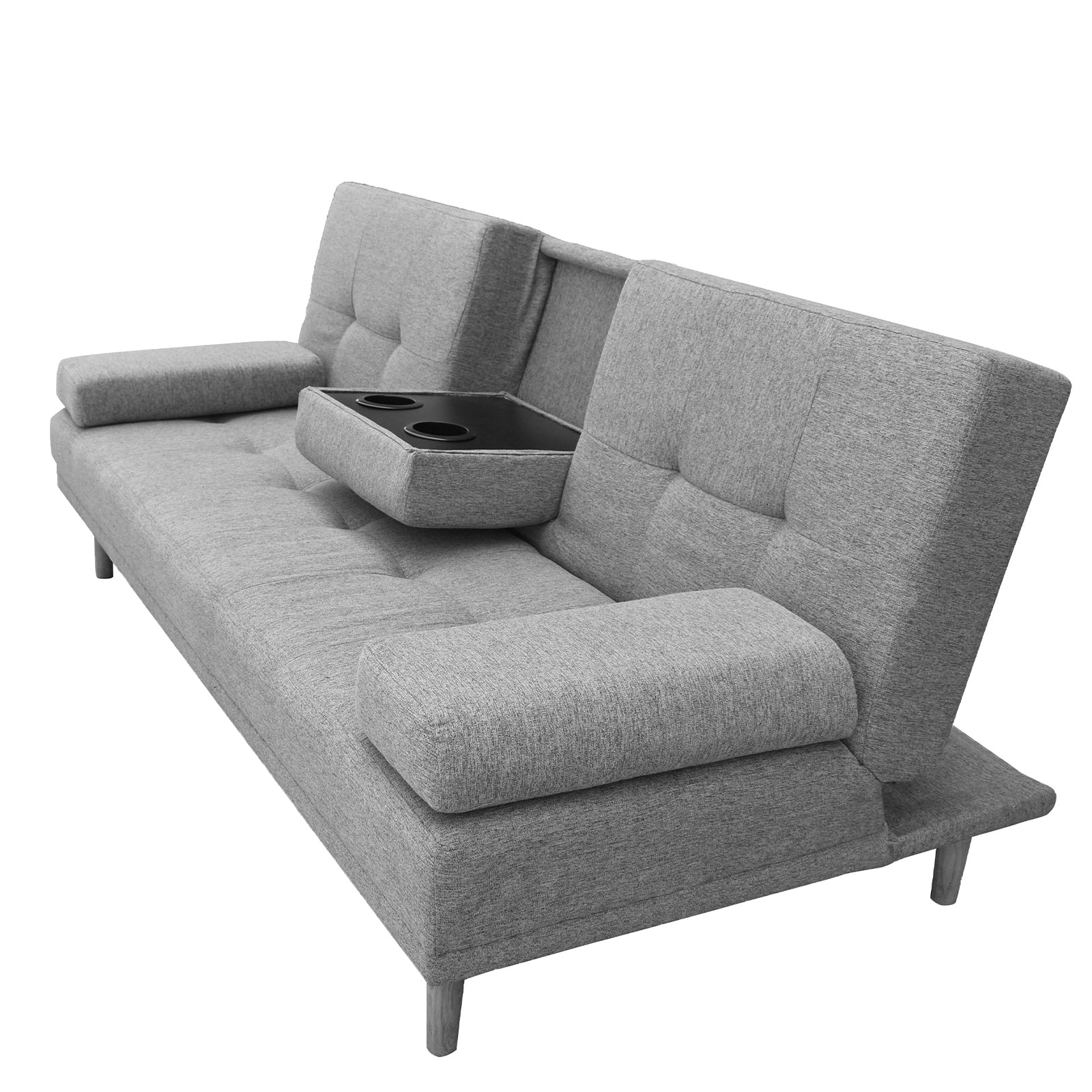 Grey fabric sofa bed at angle with fold-down centre cup holder tray open showing two receptacles