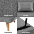 Grey fabric sofa bed 4-panel detail showing faux linen upholstery, extra pillow, rubberwood legs and hidden metal legs