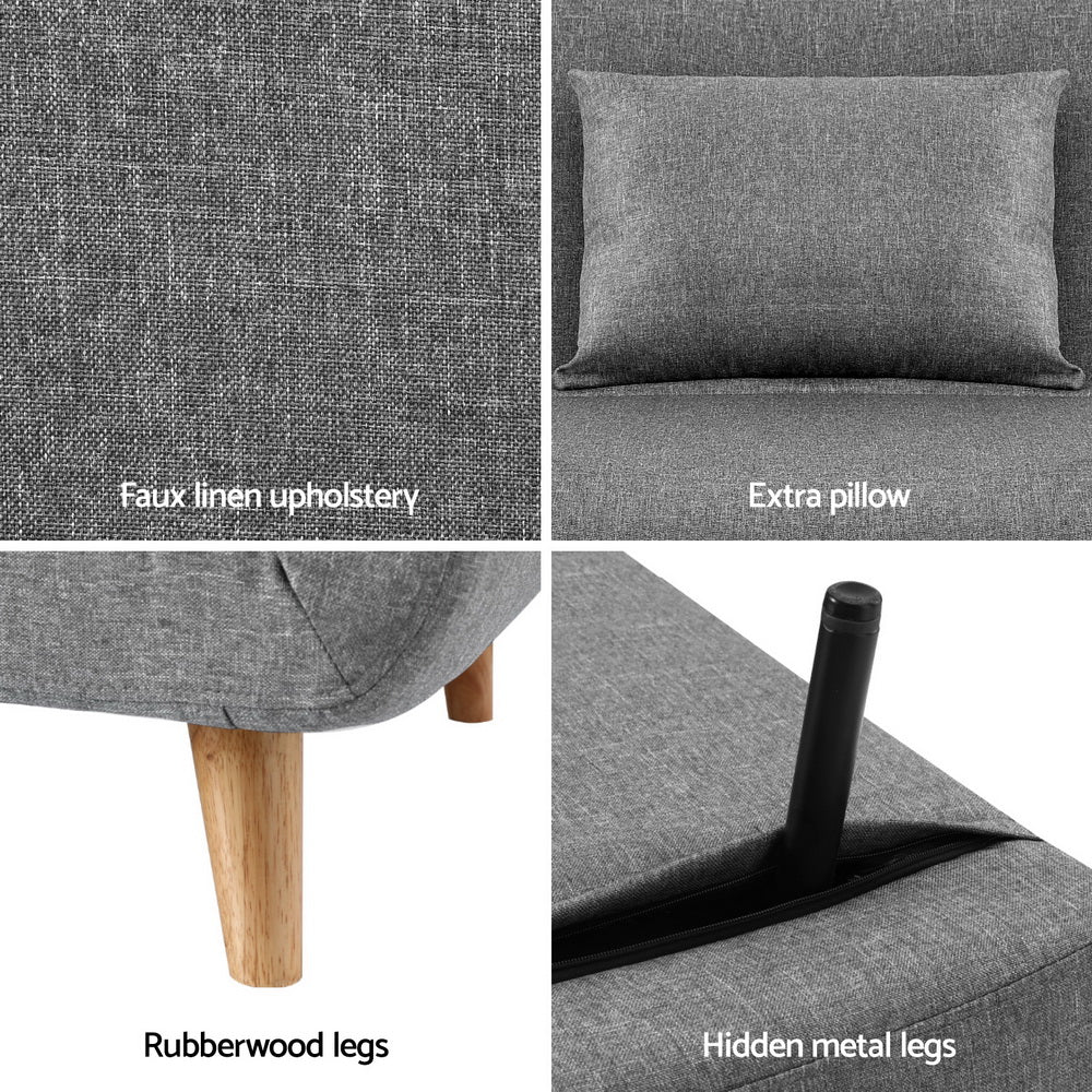 Grey fabric sofa bed 4-panel detail showing faux linen upholstery, extra pillow, rubberwood legs and hidden metal legs