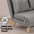 Grey fabric sofa bed detail showing thick foam padding 27cm seat depth with metal and eucalyptus frame callout