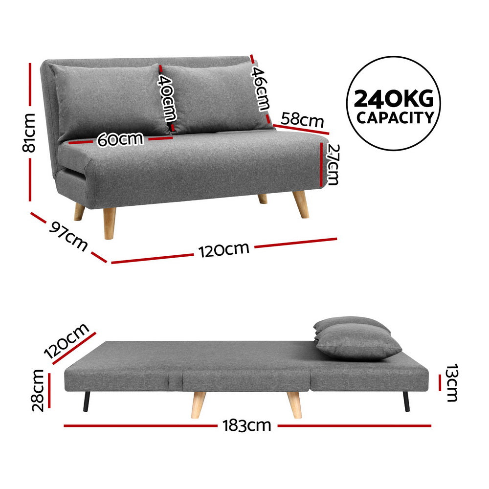Grey fabric sofa bed dimensions diagram showing 120cm width 81cm height sofa mode and 183cm bed length 240kg capacity