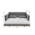 Dimensions diagram for grey fabric sofa bed: 181.5cm wide, 74cm height, extends to 210cm depth as bed