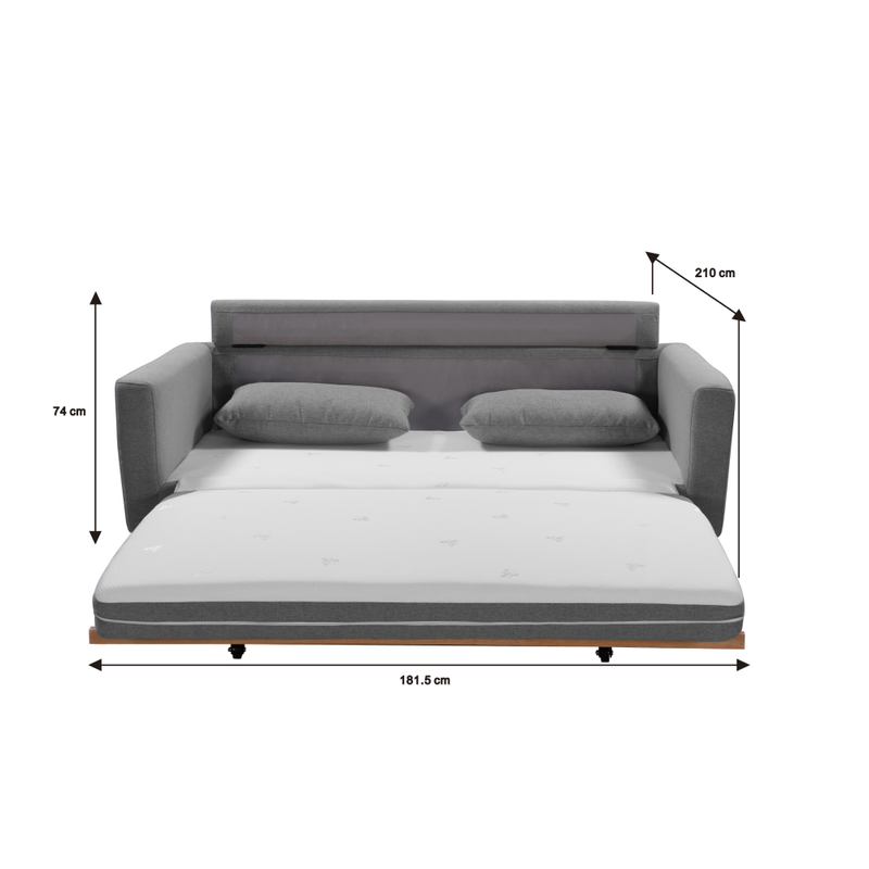 Dimensions diagram for grey fabric sofa bed: 181.5cm wide, 74cm height, extends to 210cm depth as bed