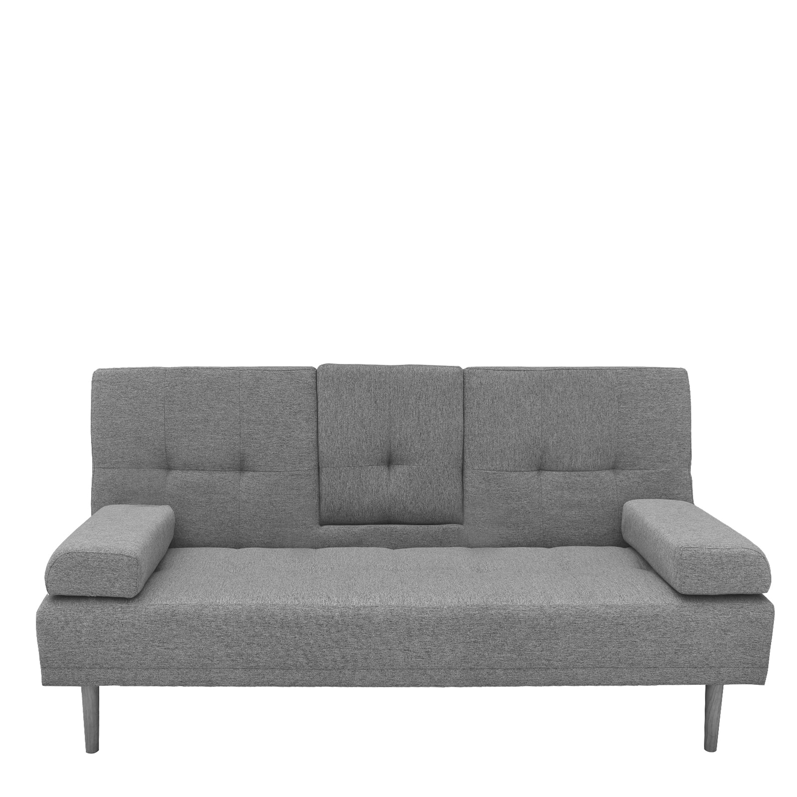 Front view of grey fabric sofa bed in upright position with square armrests and grey metal legs