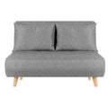 Grey fabric 2-seater sofa bed front view in sofa configuration with two back cushions and rubberwood legs