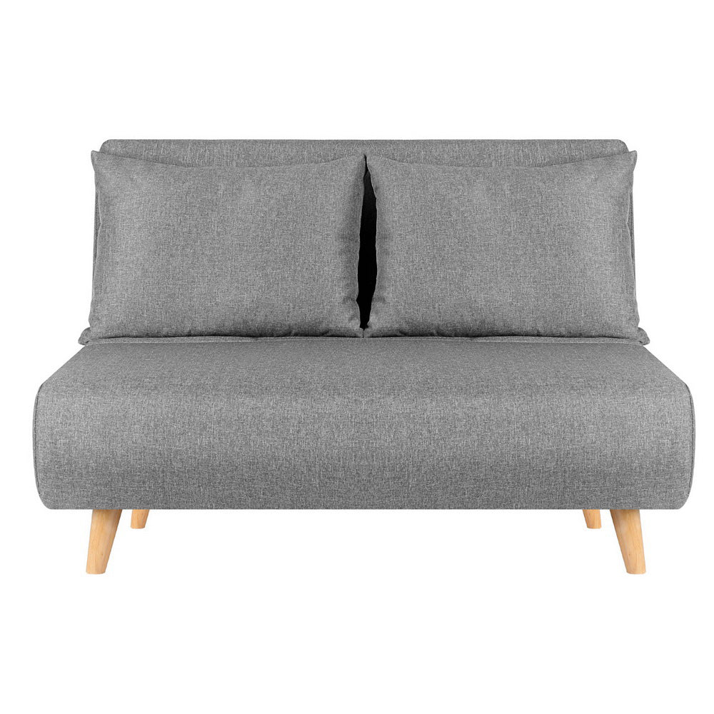 Grey fabric 2-seater sofa bed front view in sofa configuration with two back cushions and rubberwood legs