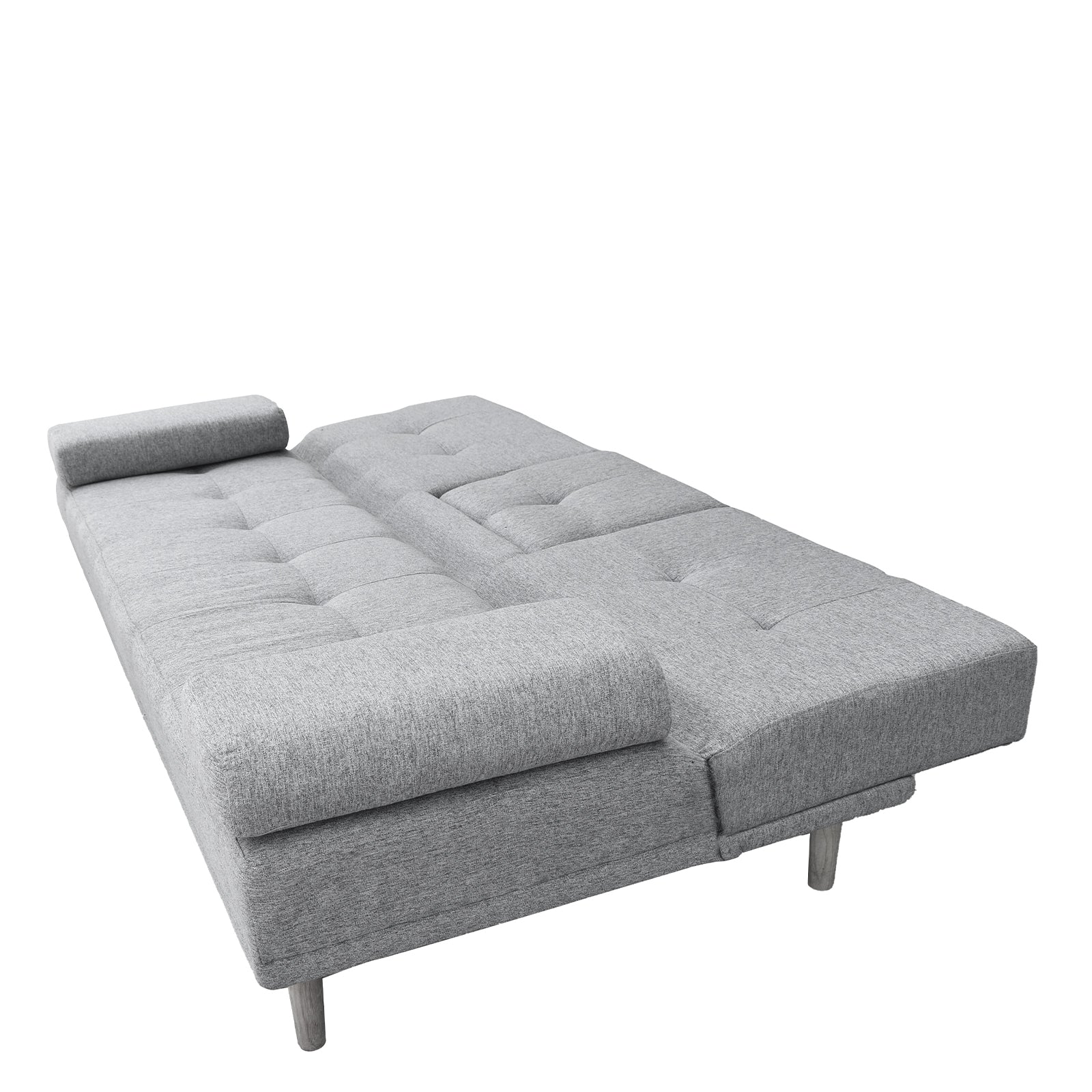 Grey fabric sofa bed fully reclined flat as sleeping surface with grey metal legs on white background