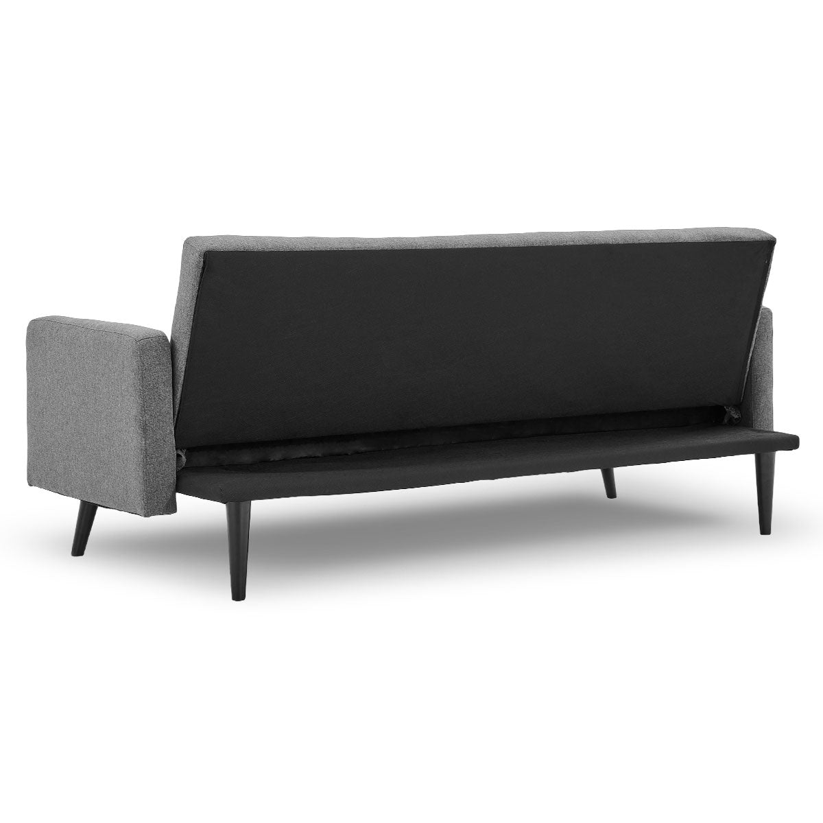 Grey fabric sofa bed three-quarter rear angle on white background showing black backing and tapered legs