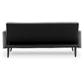 Grey fabric sofa bed rear view on white background showing black fabric backing and black tapered legs