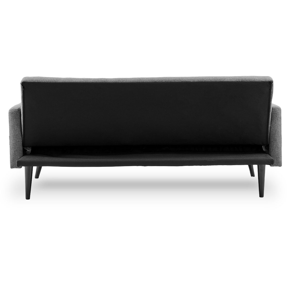 Grey fabric sofa bed rear view on white background showing black fabric backing and black tapered legs