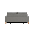Rear view of grey fabric sofa bed showing back panel and bed conversion mechanism on white background