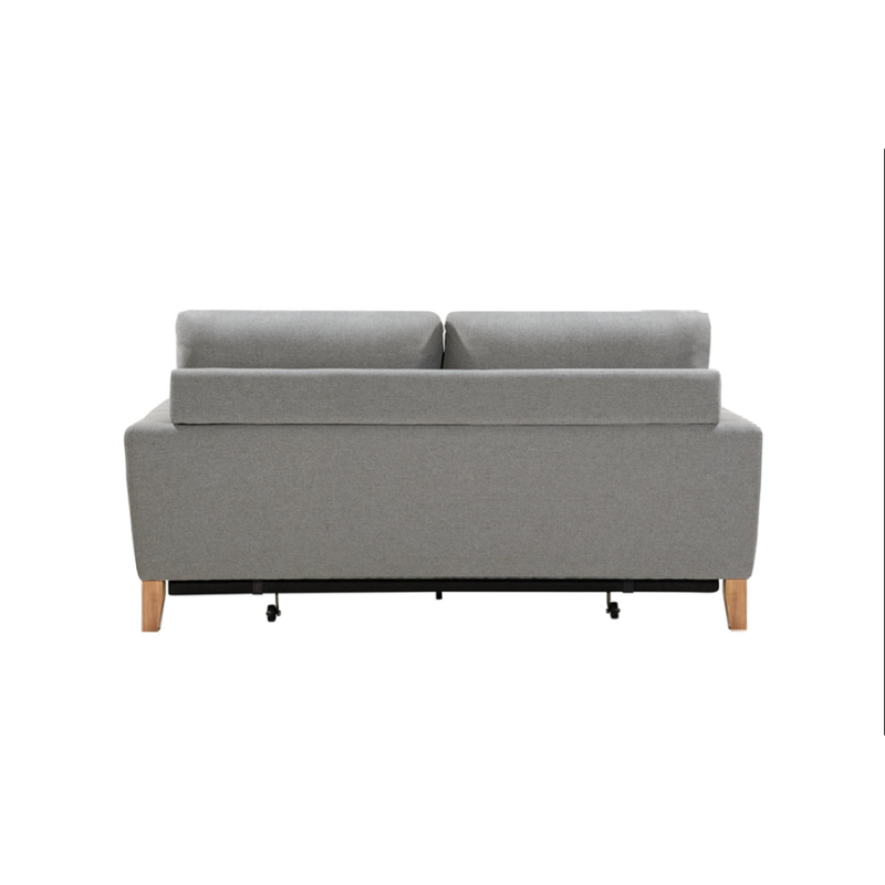 Rear view of grey fabric sofa bed showing back panel and bed conversion mechanism on white background