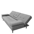 Grey fabric sofa bed at angle with backrest partially reclined showing fold mechanism and grey legs