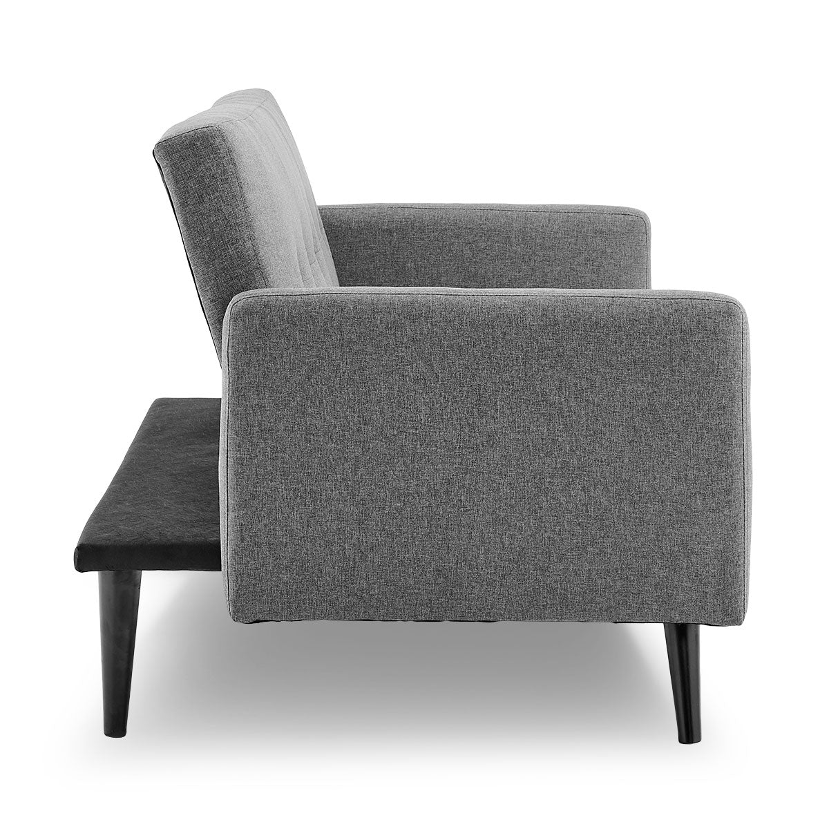 Grey fabric sofa bed left side view on white background with backrest reclined and black tapered legs