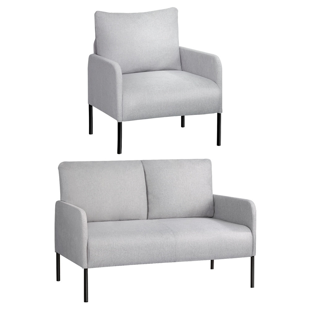 Grey fabric sofa set angle view: armchair above two-seater loveseat, both with black metal legs, on white background