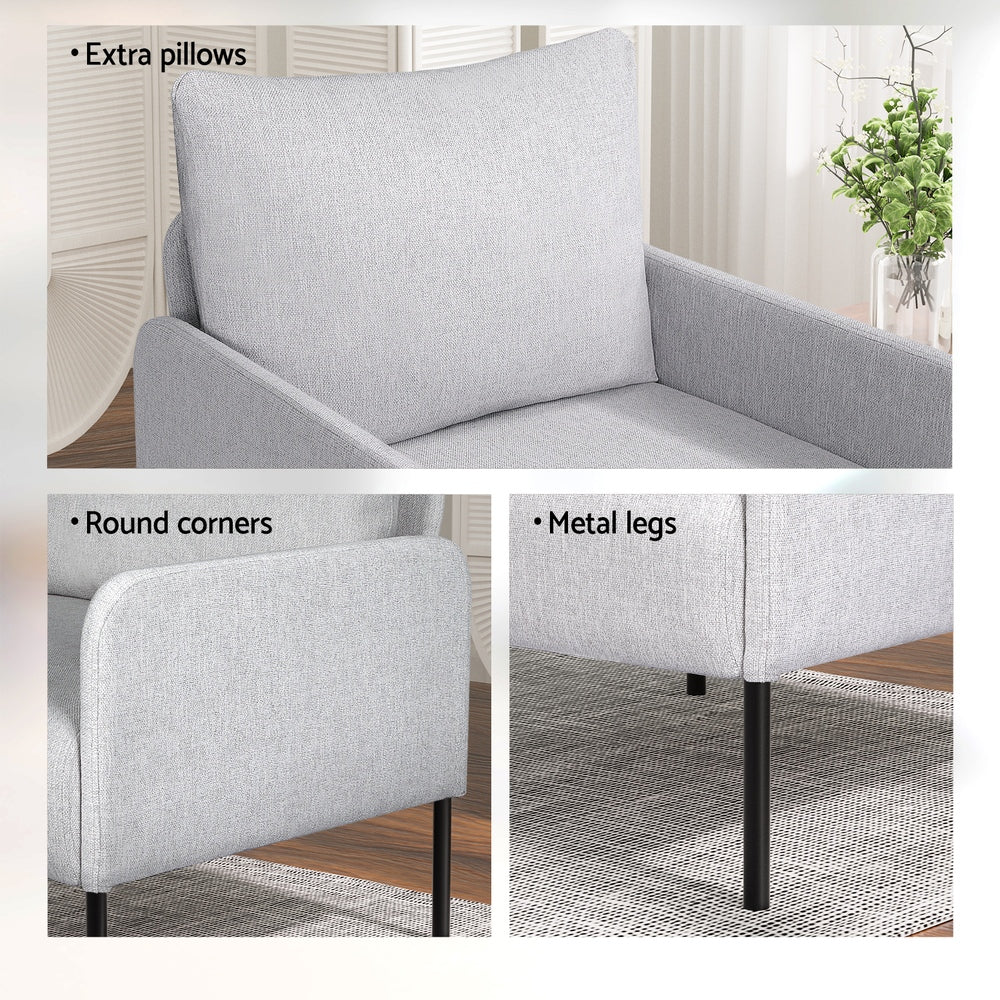 Grey fabric sofa set three-panel detail: extra pillow back cushion, round corner armrest, and black metal legs callouts