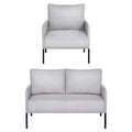 Grey fabric sofa set front view: single armchair above two-seater loveseat, both with black metal legs, on white background