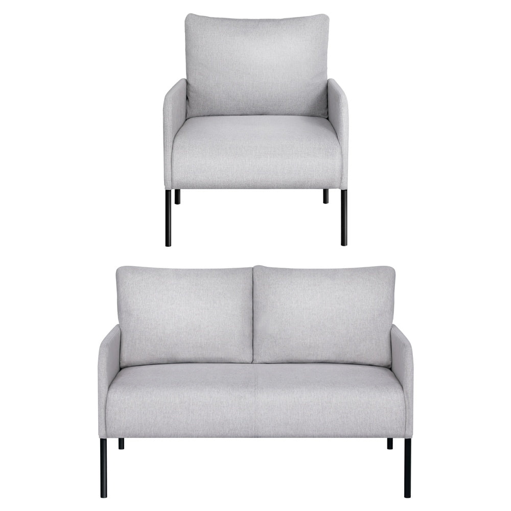 Grey fabric sofa set front view: single armchair above two-seater loveseat, both with black metal legs, on white background