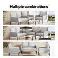 Grey fabric sofa set in three room arrangements with oval coffee table; 250kg loveseat and 150kg armchair capacity shown