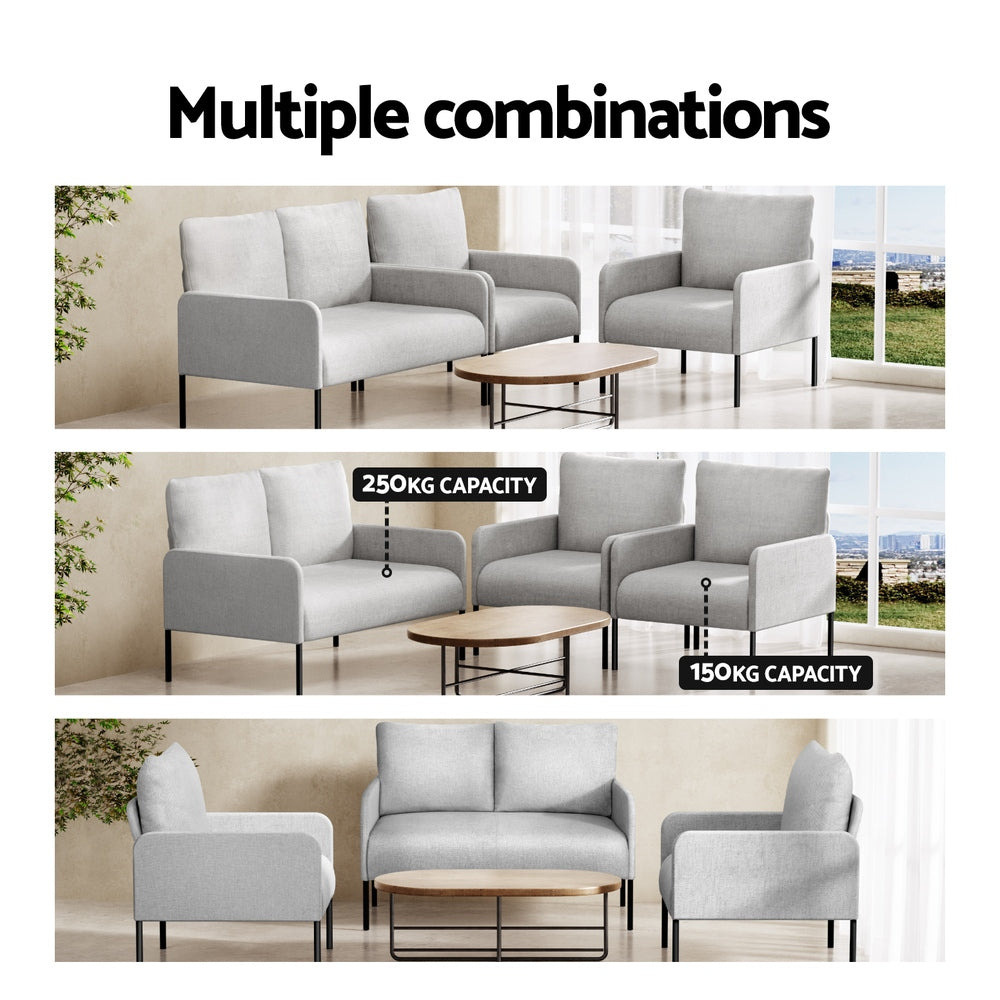 Grey fabric sofa set in three room arrangements with oval coffee table; 250kg loveseat and 150kg armchair capacity shown