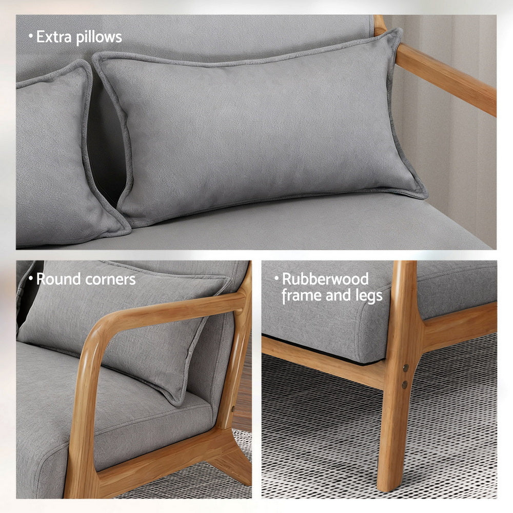 Grey fabric sofa with wood frame features: extra pillows, round corners, and rubberwood frame and legs detail panels