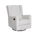Grey fabric wingback swivel recliner, white piping and four buttons on backrest, black side handle, white background