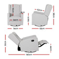 Grey wingback swivel recliner dimensions: upright 74cm wide 93cm deep 98cm tall; reclined 140cm long