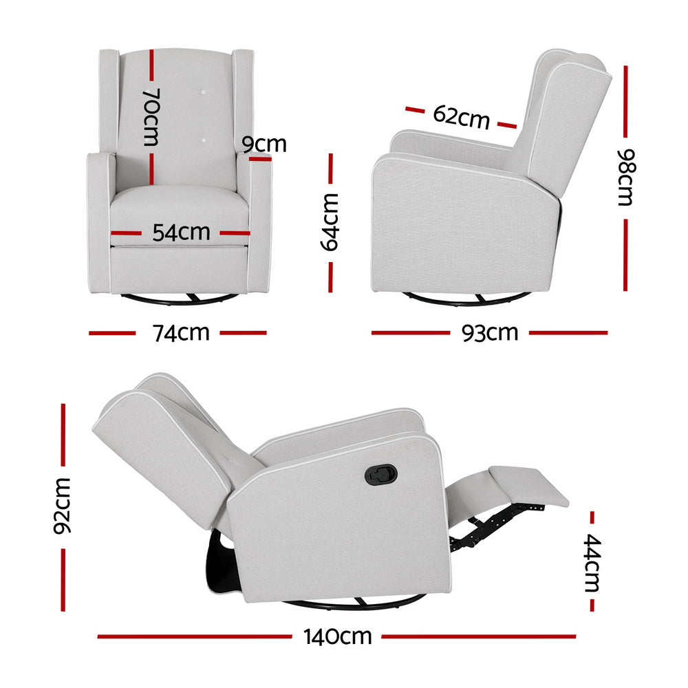 Grey wingback swivel recliner dimensions: upright 74cm wide 93cm deep 98cm tall; reclined 140cm long
