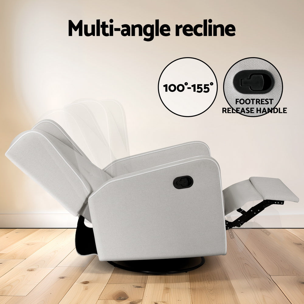 Grey wingback swivel recliner fully reclined, "Multi-angle recline" text, 100°-155° range and footrest release handle callout