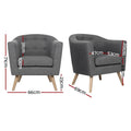 Grey fabric tub armchair dimension diagram front and side view: 71cm tall, 66cm wide, 44cm seat height, 69cm deep