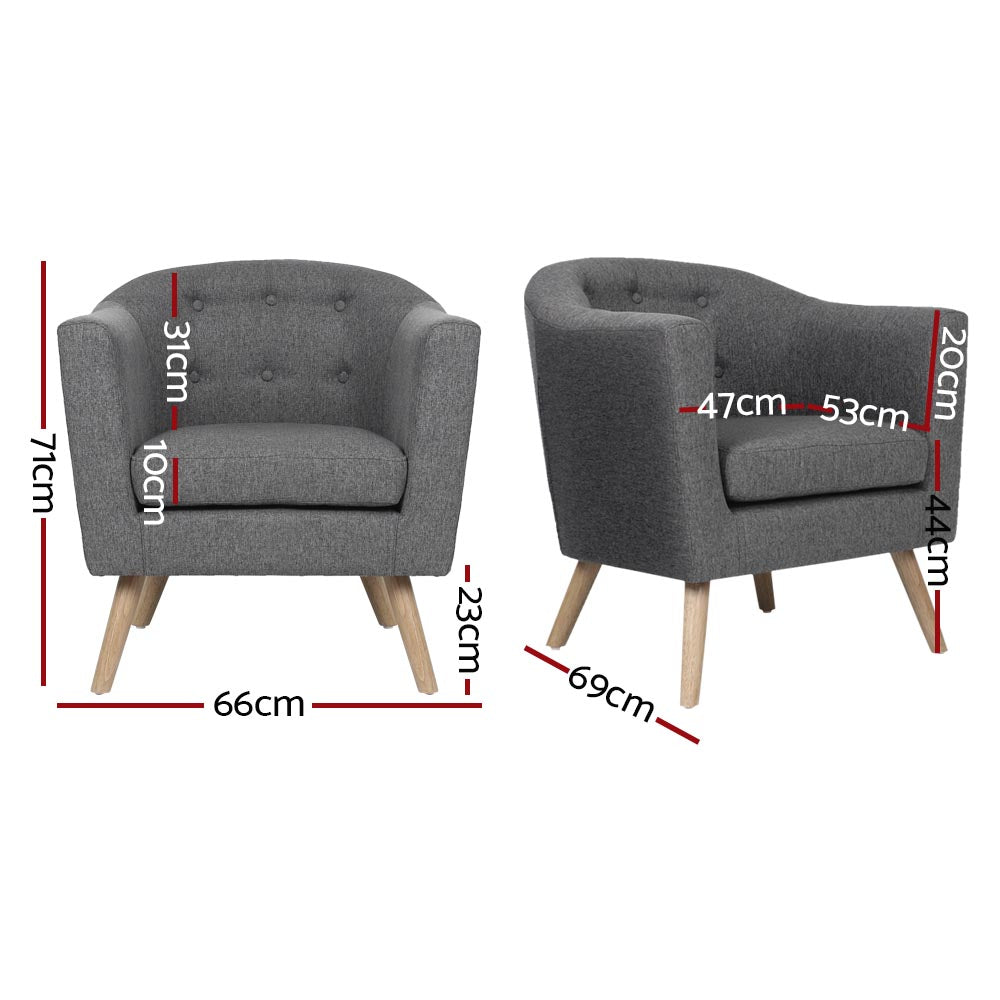 Grey fabric tub armchair dimension diagram front and side view: 71cm tall, 66cm wide, 44cm seat height, 69cm deep