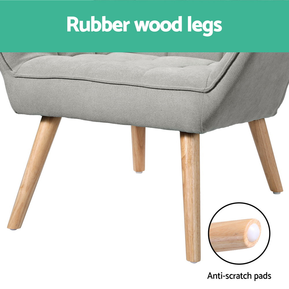 Close-up of grey fabric armchair rubber wood legs with anti-scratch pads callout and Rubber wood legs text banner