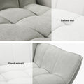 Grey fabric wingback armchair detail panels showing padded grid-tufted seat and flared armrest close-ups