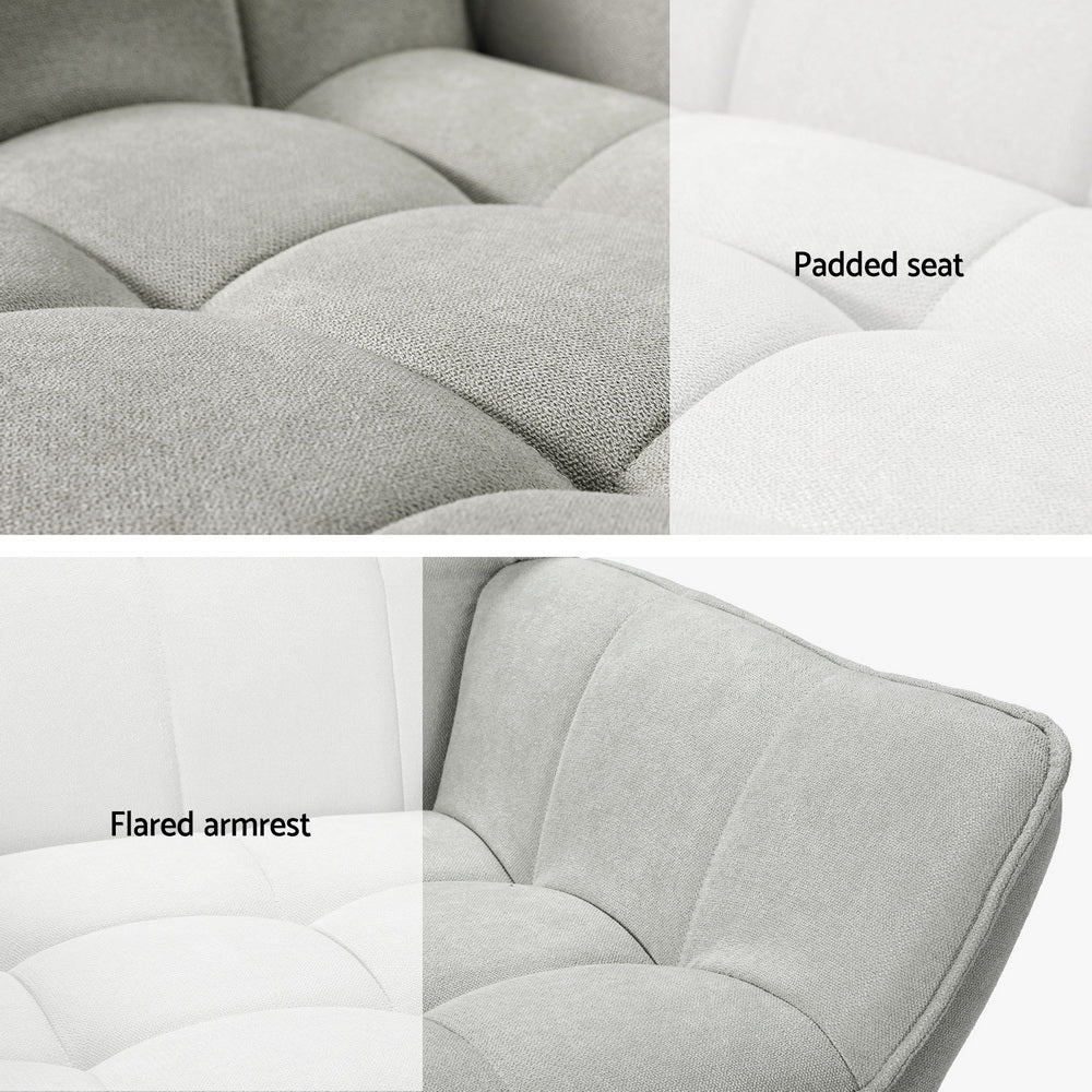 Grey fabric wingback armchair detail panels showing padded grid-tufted seat and flared armrest close-ups