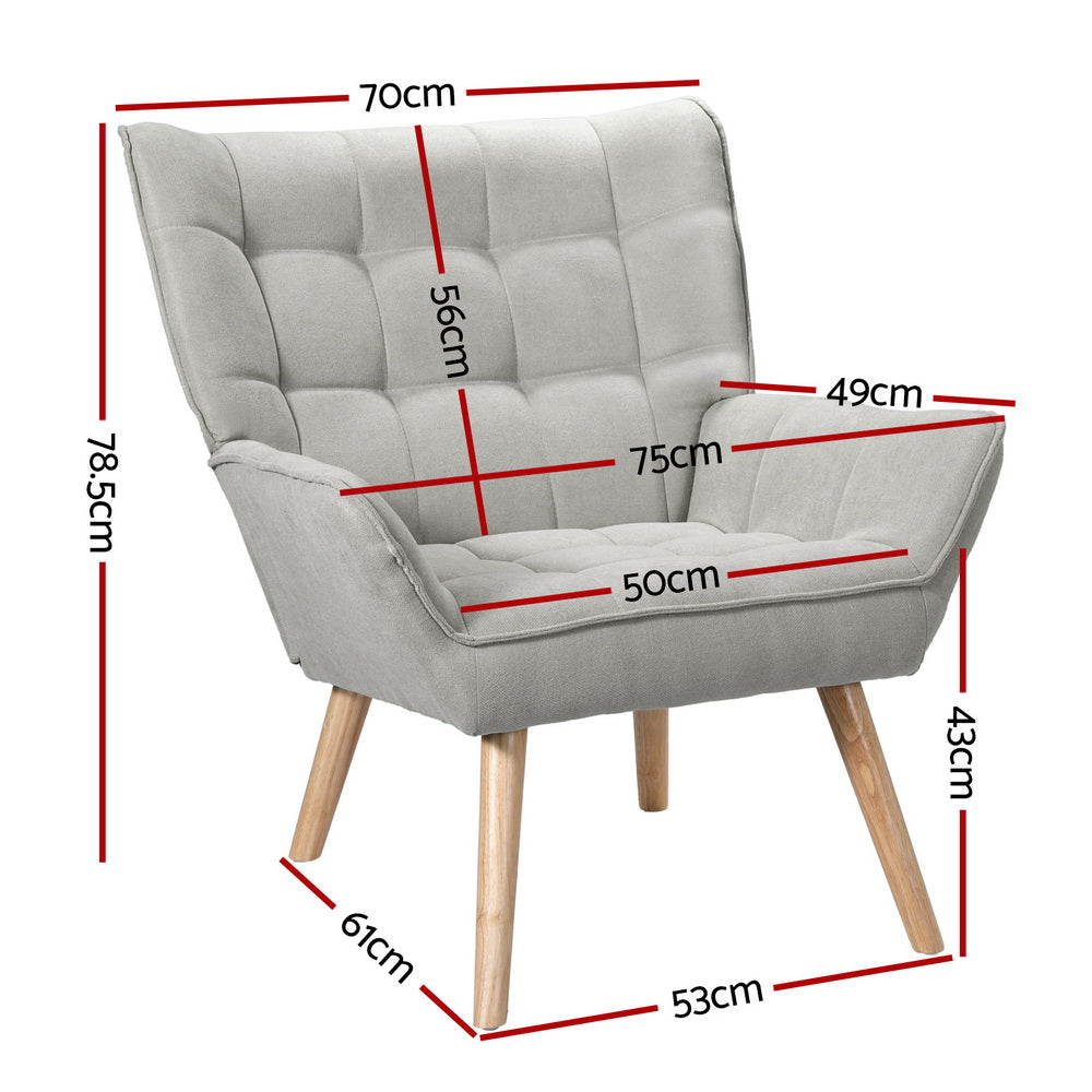Grey fabric wingback armchair dimensions diagram showing 70cm width 78.5cm height 50cm seat width and 43cm seat height