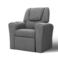 Grey fabric kids recliner chair with cup holder in armrest, upright position, angle view on white background