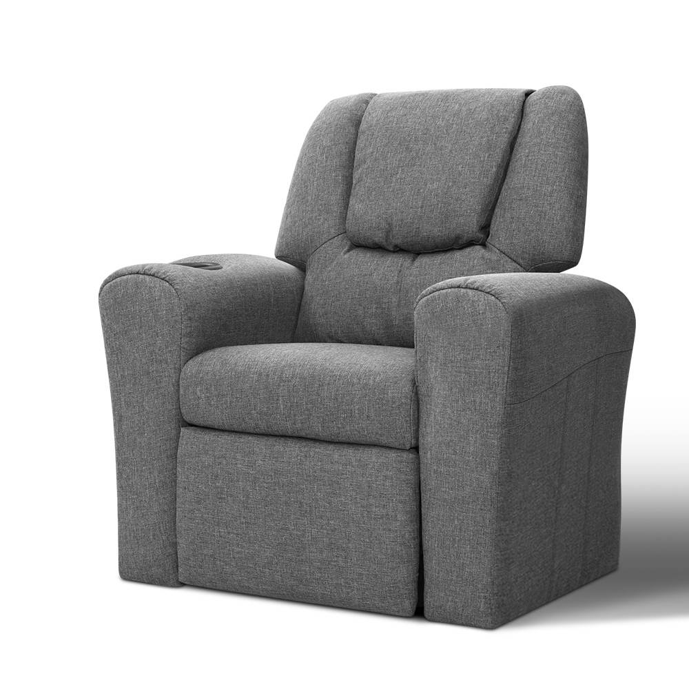 Grey fabric kids recliner chair with cup holder in armrest, upright position, angle view on white background