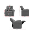 Dimensions of grey kids recliner: 61W 38H cm, seat 29x28cm, back 33cm, side 65x42cm, reclined length 91cm