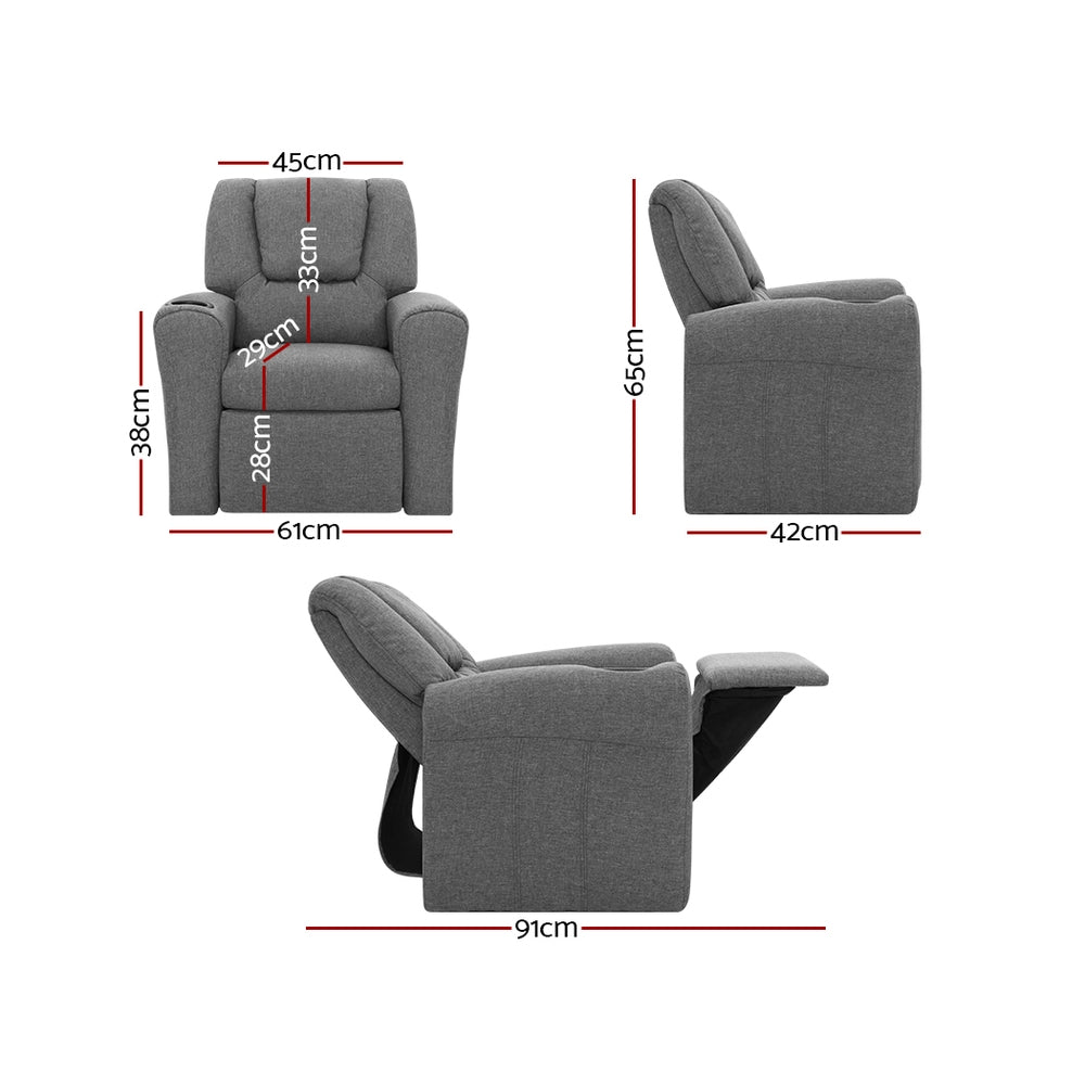 Dimensions of grey kids recliner: 61W 38H cm, seat 29x28cm, back 33cm, side 65x42cm, reclined length 91cm